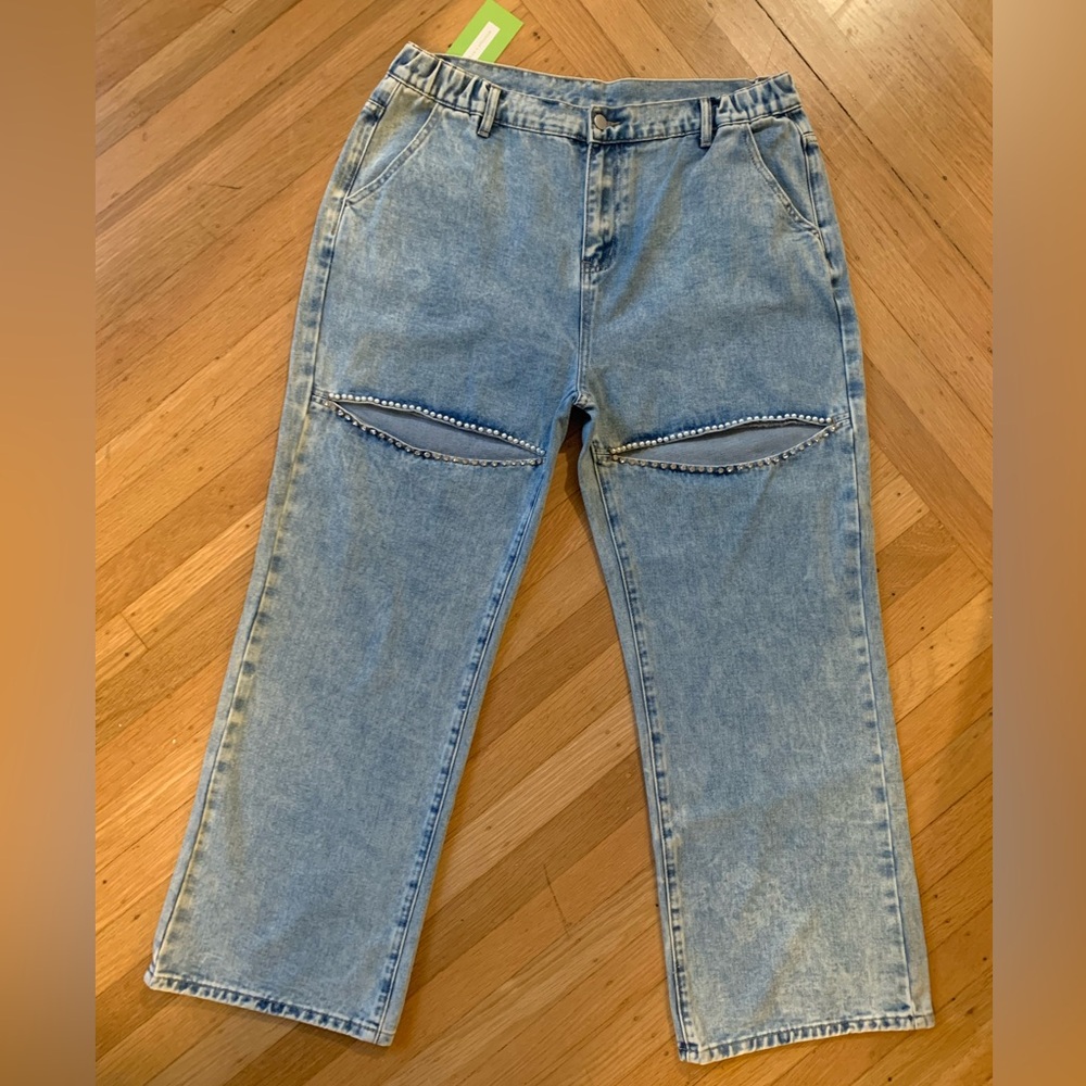 NWT NEW COLLECTION PEARL/CRYSTAL FULL LEG DESTROYED JEANS WOMENS SIZE XL/US 16